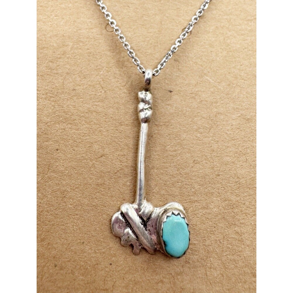 Native American Tomahawk Ace Sterling Silver Necklace Genuine Turquoise Dogtooth